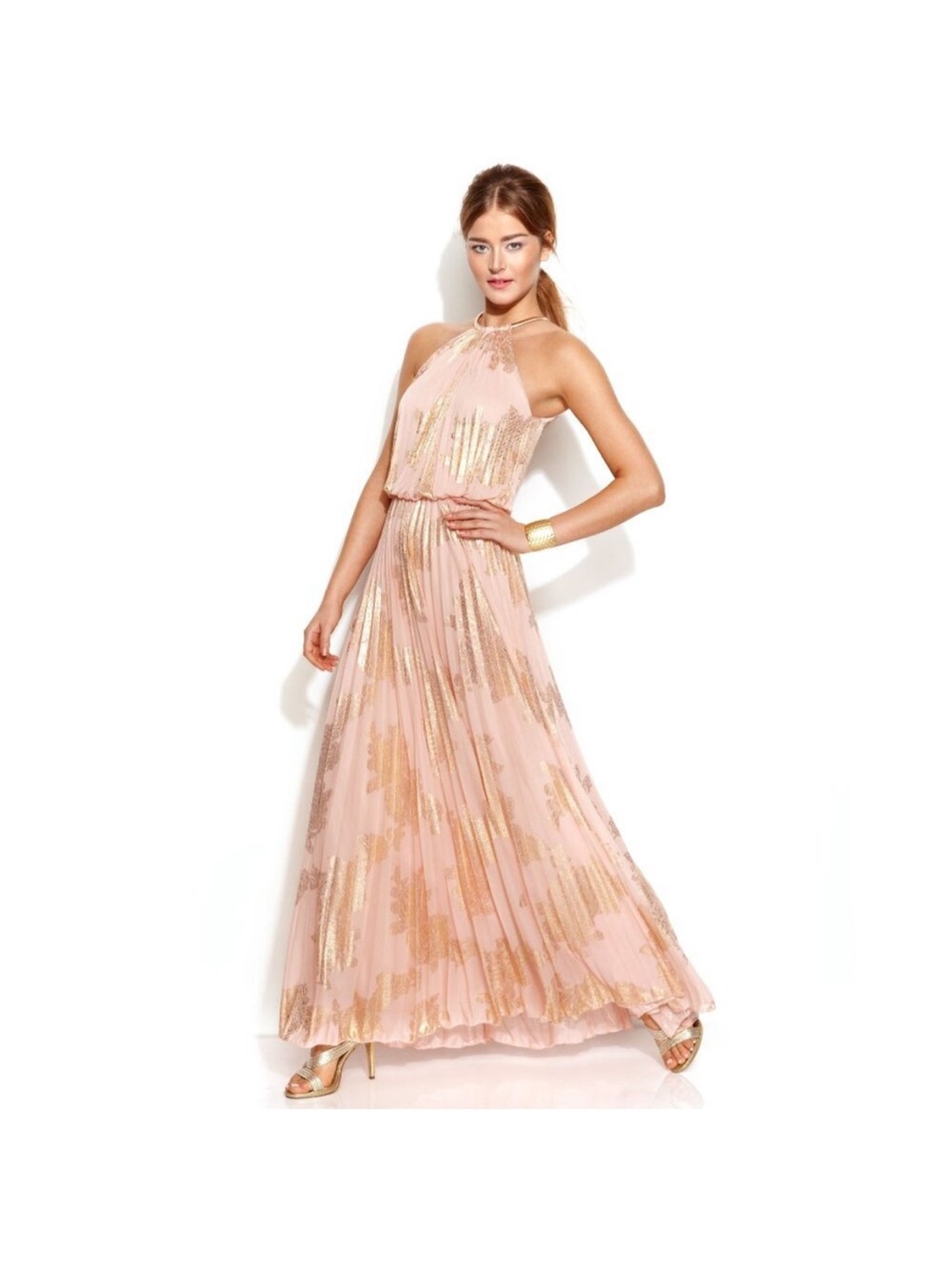 Xscape Blush Pink Maxi Dress with Gold Foil Detail